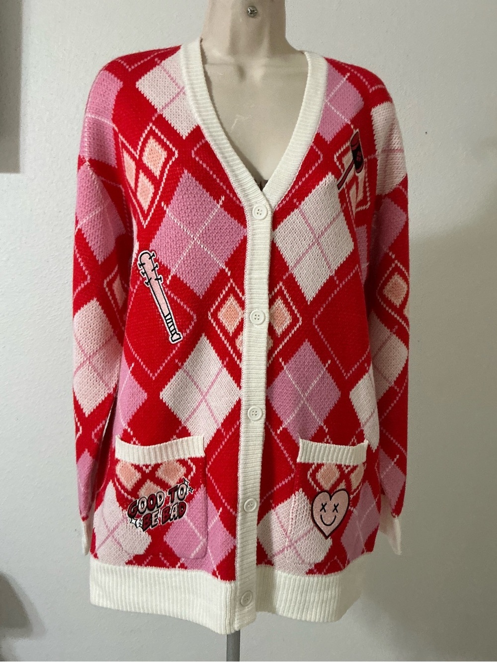 NWt Harley Quinn BoxLunch Argyle Cardigan Sweater Medium